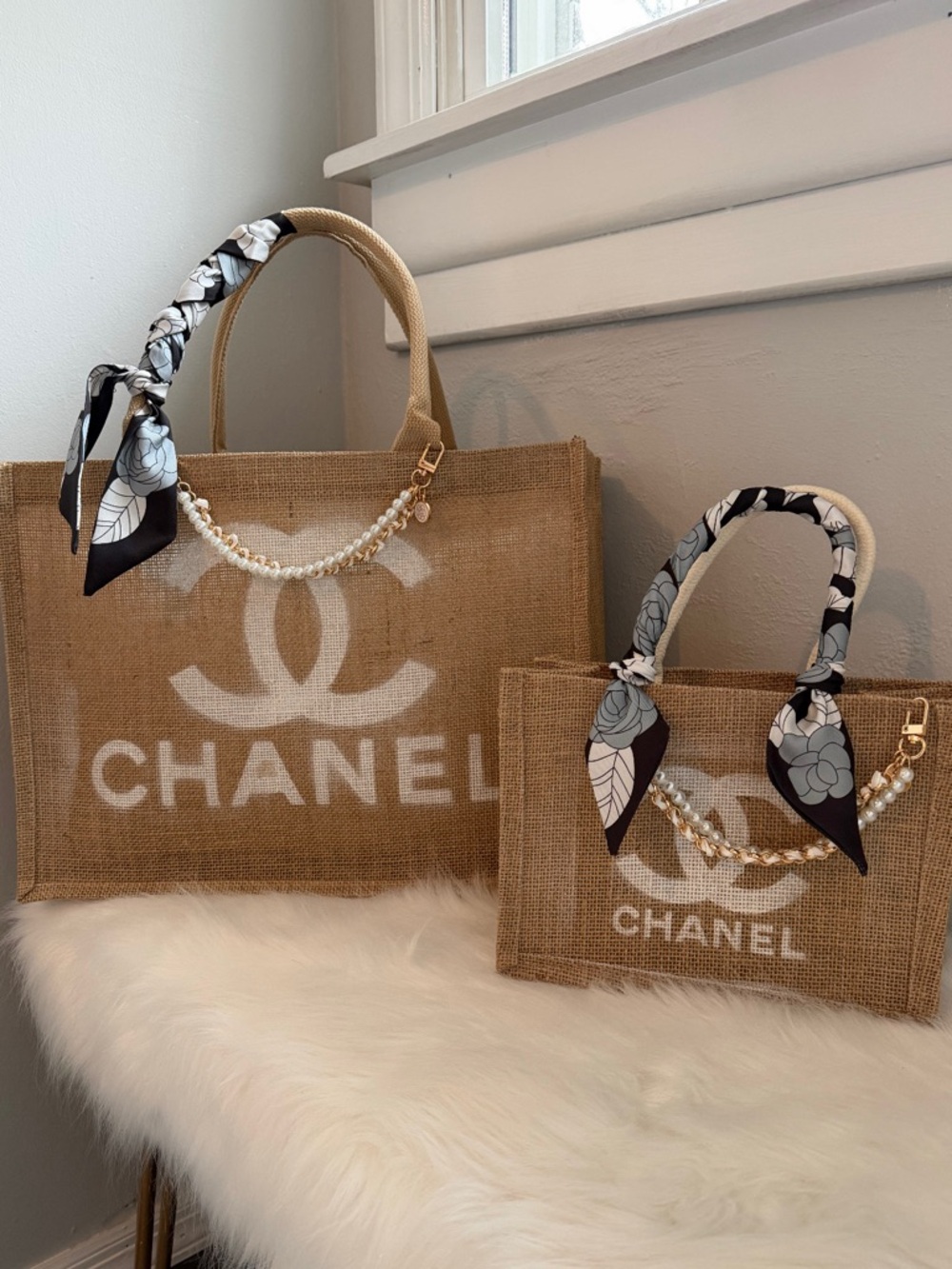 Luxury Brown Jute Tote with Orange Scarf Handle